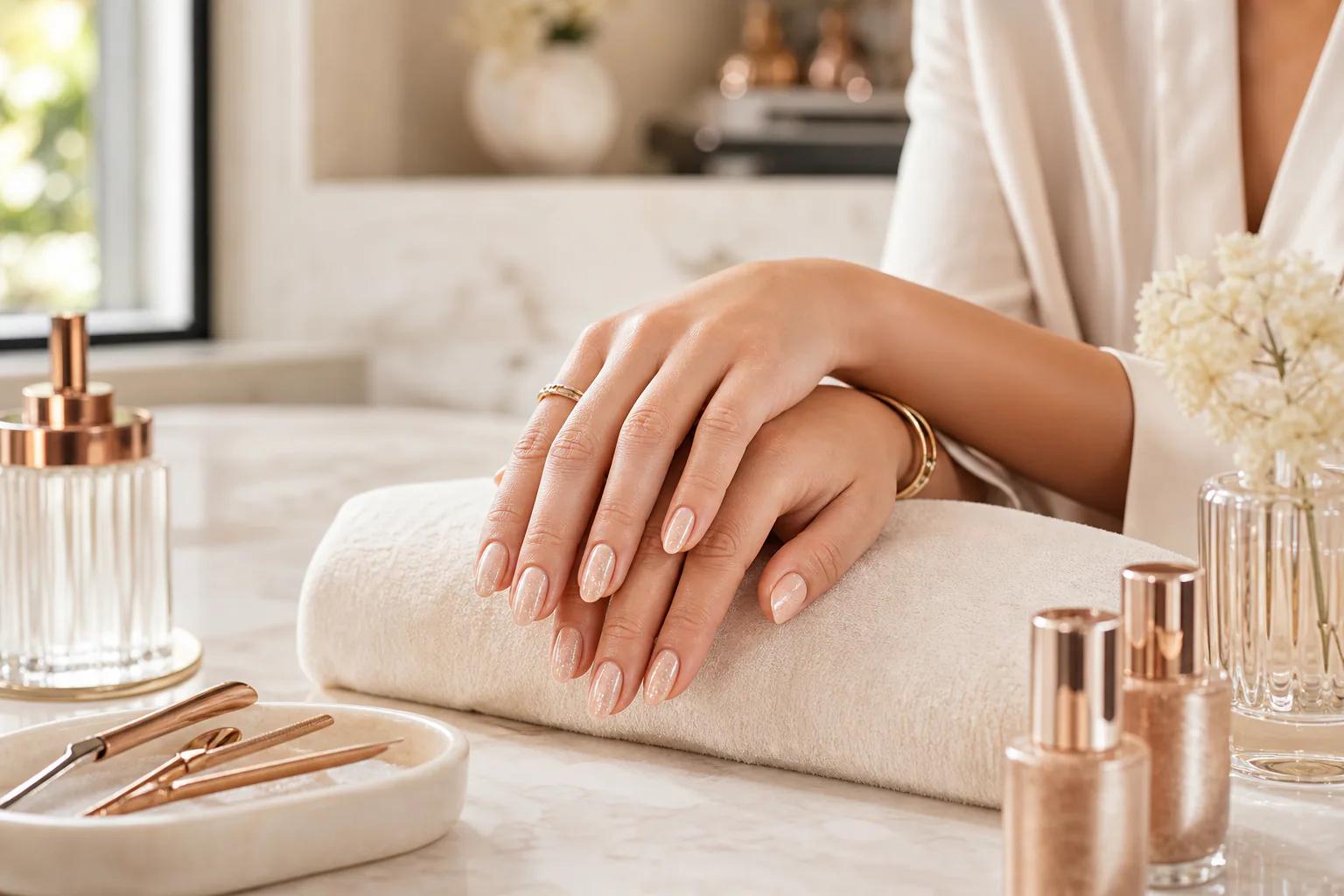Elegant early morning manicure in a luxury nail salon with soft natural light